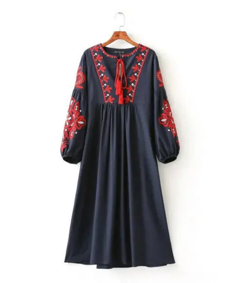 Ethnic Tassel Lacing Up O Neck Flower Embroidery Dress Woman Loose Lantern Sleeve Mid Long Dresses Femme S M L 1