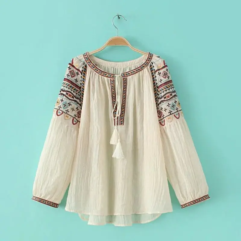 Ethnic Tassel Lacing Up O Neck Geometric Embroidery Shirt Contrast Color Strappy Pullover Blouse Tops Blusas Femme Blusa 1