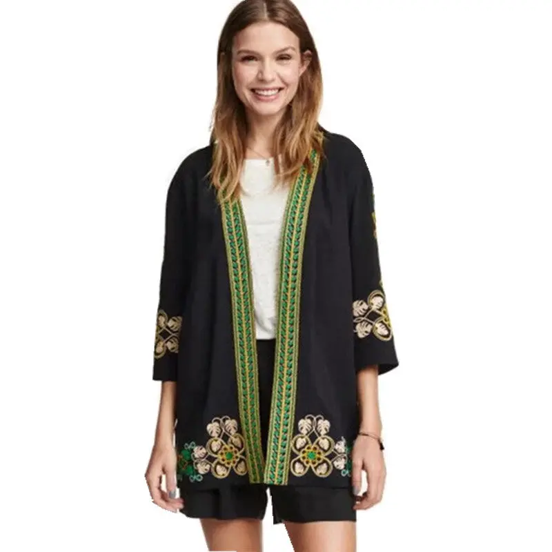 Ethnic Vintage Flower Embroidery Shirt Kimono Cardigan Blusa Feminina Women Kimono Shirts Jackets Sunscreen 2