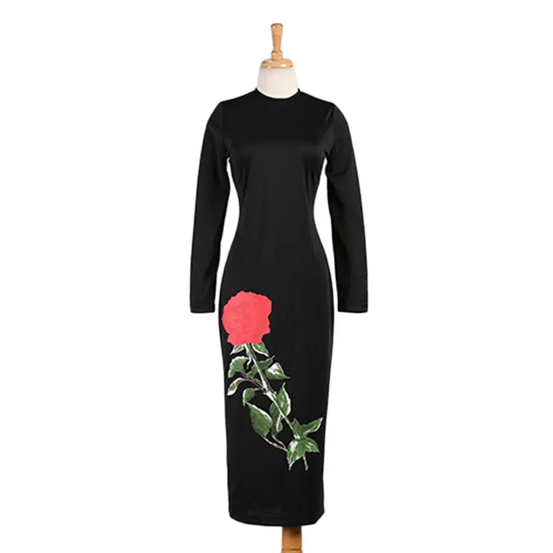 Europe Sexy Elegantvintage Long Sleeve Rose Flower Printed Dress O-Neck 1