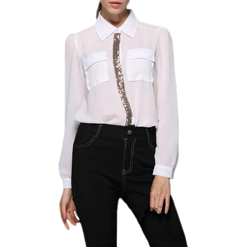 Europe Sexy Women Office Chiffon Shirt Sequin Turn-Down Collar Long Sleeve Ol Lady Casual Blouse Top Blusass 1