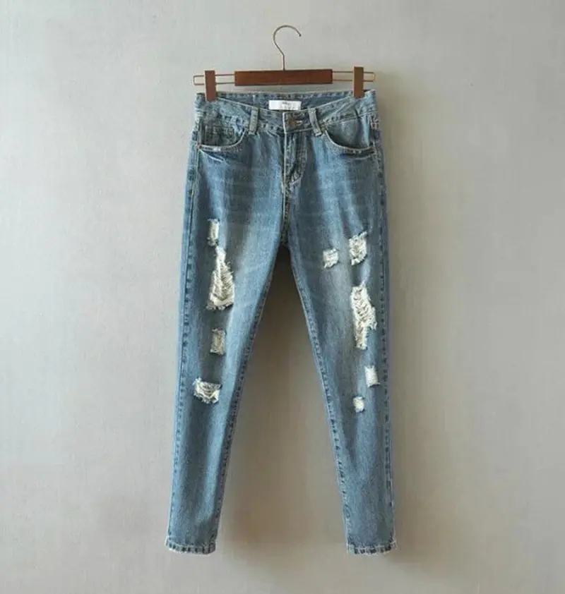 European Aa Vintage Distrressed Hole Washed Ripped Harem Jeans Women's Casual Slim Denim Pants Leisure Long Trousers 1