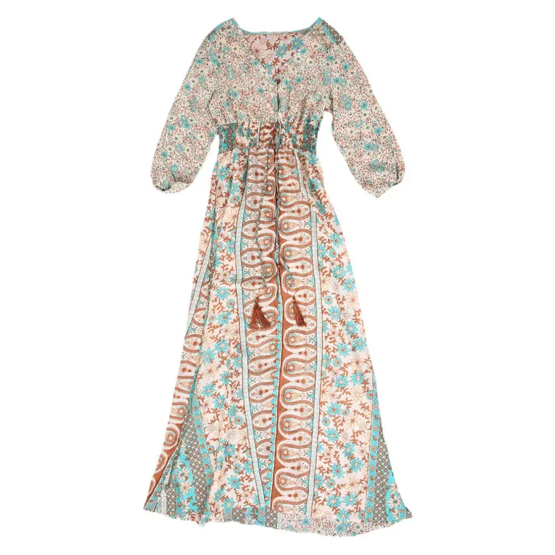 European Beach Floral Print Three Quarter Sleeve V Neck Collar Long Dress 1