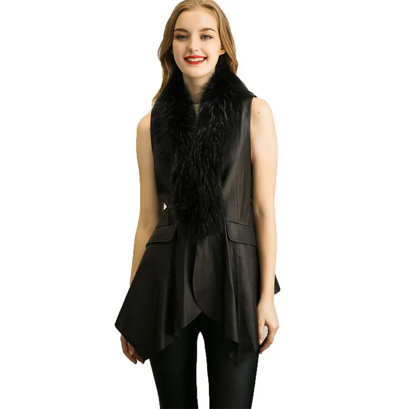 European Faux Fur Vest Coat For Women Slim Irregular Leather Jacket Women Sleeveless Veste Femme Black Long Leather Waistcoat 1