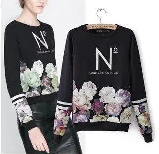European Flower Print Hoodies Women Long Sleeve Letter Print Sweatshirt Casual Pullover Sweatshirt Women 2