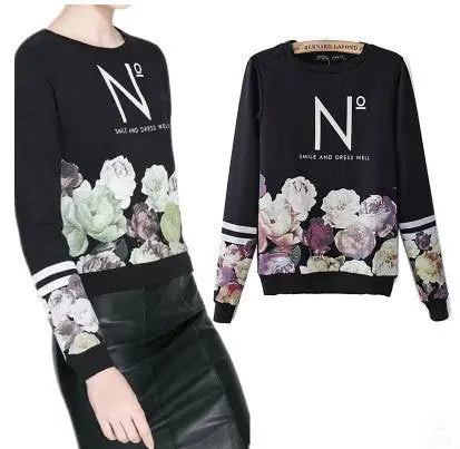 European Flower Print Hoodies Women Long Sleeve Letter Print Sweatshirt Casual Pullover Sweatshirt Women 3