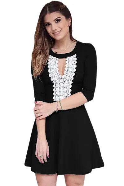 European Half Long Sleeve Autum Dress Black Hollow Out Crochet Lace Skater Dress Cute Sexy Mini Dress 1