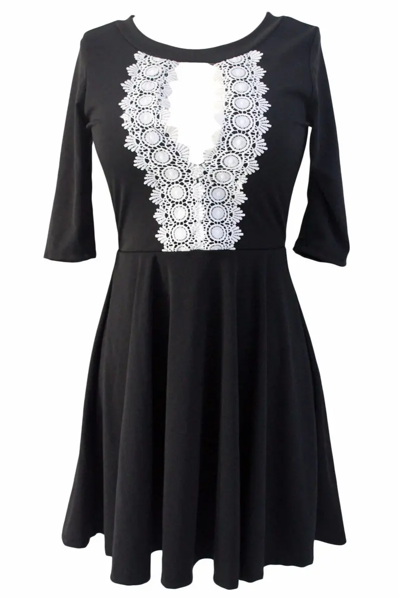 European Half Long Sleeve Autum Dress Black Hollow Out Crochet Lace Skater Dress Cute Sexy Mini Dress 3