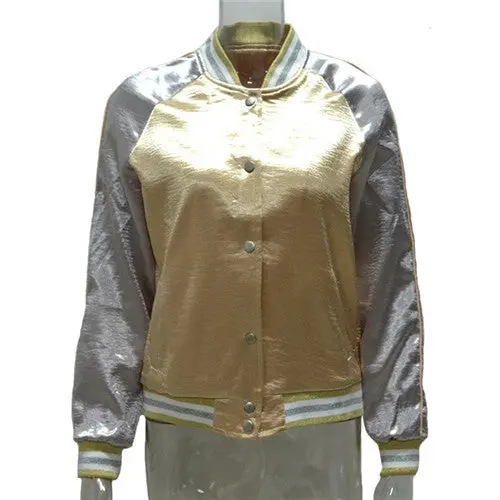 European Satin Bomber Jacket O Neck Long Sleeve Button Up Women Basic Coats Bf Patchwork Baseball Jackets Women 1