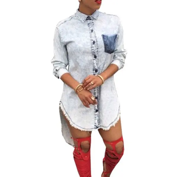 European Streetwear Long Denim Blouse Women Long Sleeve Loose Jeans Shirts Dress Irregular Sexy Women Blouse 1