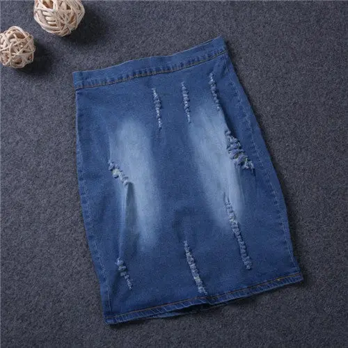 European Style Elastic Cotton Denim Skirt Ripped Jeans Skirt Sexy Bodycon Skirt Frayed Hole Jeans Saia High Waist Skirts 1