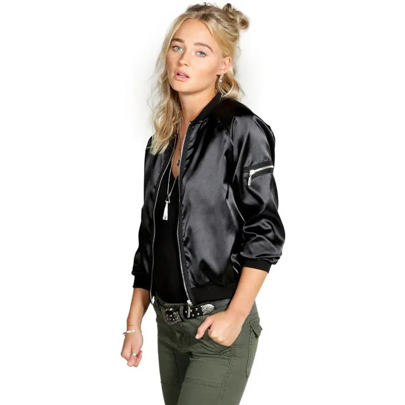 European Style Outwear Womens Long Sleeve O-Neck Short Zipper Slim Bomber Jacket Coat Pilot Bomber Jackets 1
