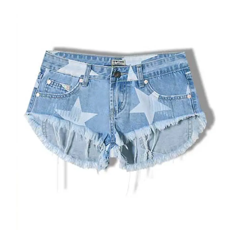 European Style Stars Print Women Shorts Frayed Tassel Denim Shorts Washed Sexy Low Waist Super Shorts Jean Shorts 1