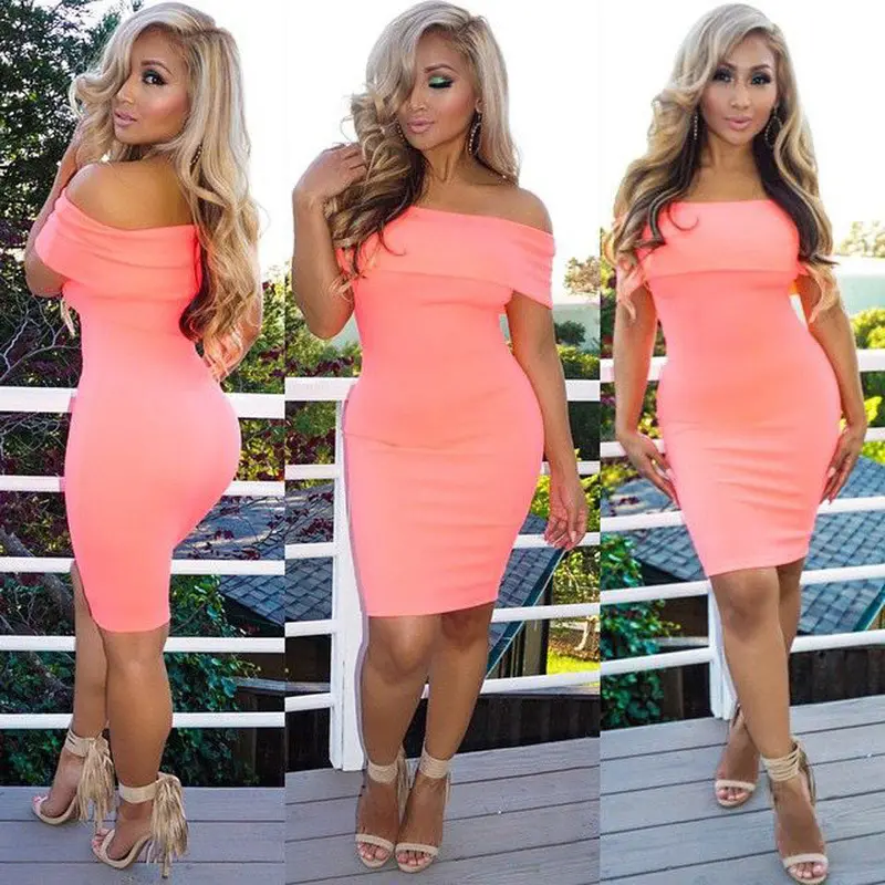 European Women's Dresses Off Shoulder Bodycon Casual Clothing Women Sexy Slim Party Dress Vestido Pink 2