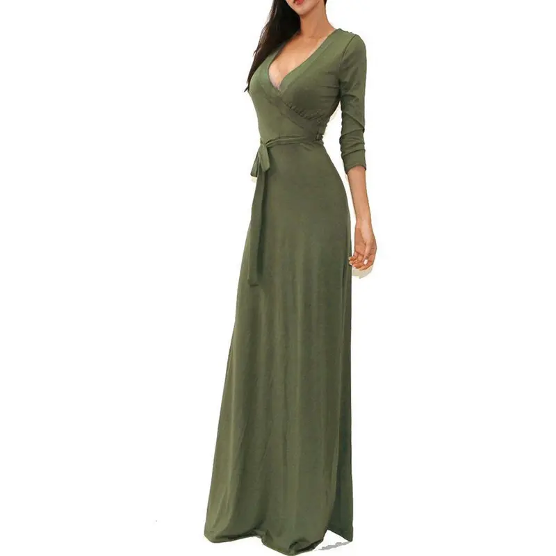 Evening Elegant Lone Dress Women's Solid V-Neck 3/4 Sleeve Long Maxi Dress Black Blue Color Vestido De Festa 1
