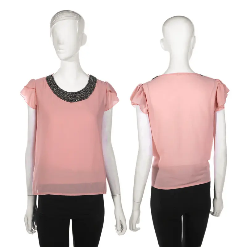 Exiquisite Design Ual Nail Bead Flounced Chiffon Shirt 3
