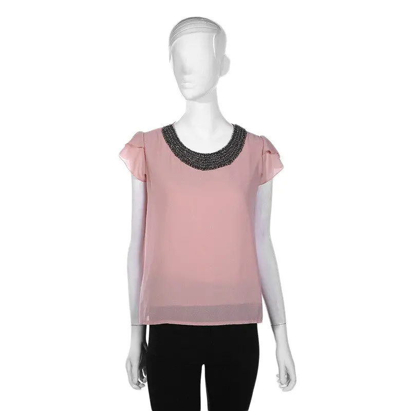 Exiquisite Design Ual Nail Bead Flounced Chiffon Shirt 4
