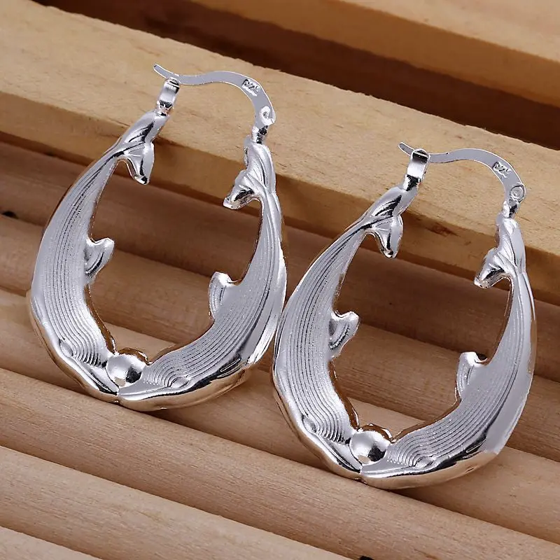 Exo Silver Plated Earrings Hollow Fish Shaped Hoop Brinco Floating Charms 1