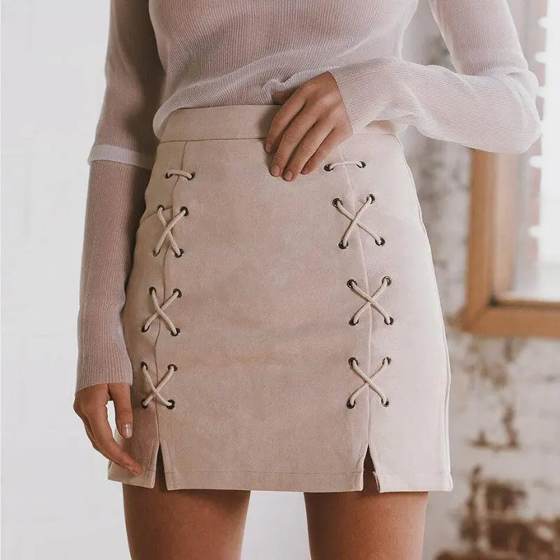 Explosion Lace Up Leather Suede Pencil Skirt Cross High Waist Skirt Zipper Split Bodycon Bandage Skirts Womens Gv456 4