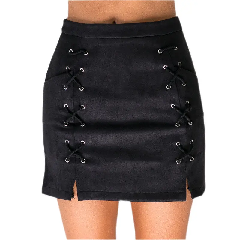 Explosion Lace Up Leather Suede Pencil Skirt Cross High Waist Skirt Zipper Split Bodycon Bandage Skirts Womens Gv456 5