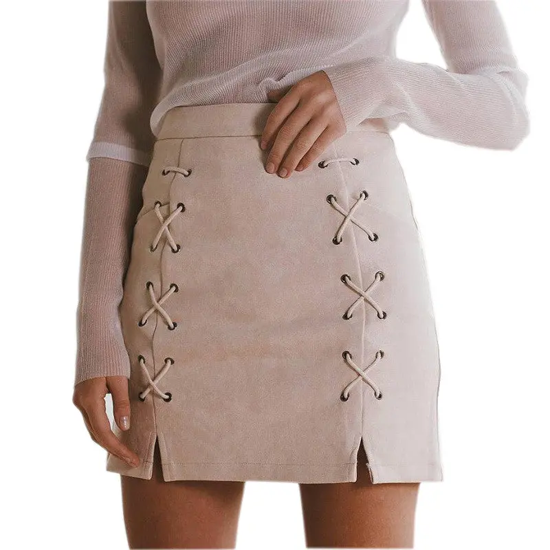 Explosion Lace Up Leather Suede Pencil Skirt Cross High Waist Skirt Zipper Split Bodycon Bandage Skirts Womens Gv456 6