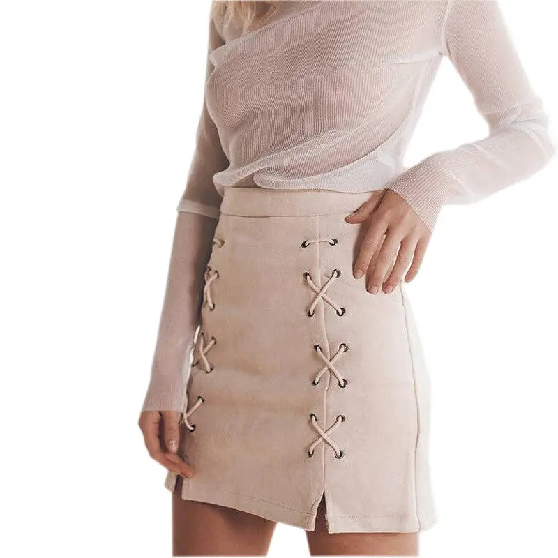 Explosion Lace Up Leather Suede Pencil Skirt Cross High Waist Skirt Zipper Split Bodycon Bandage Skirts Womens Gv456 8