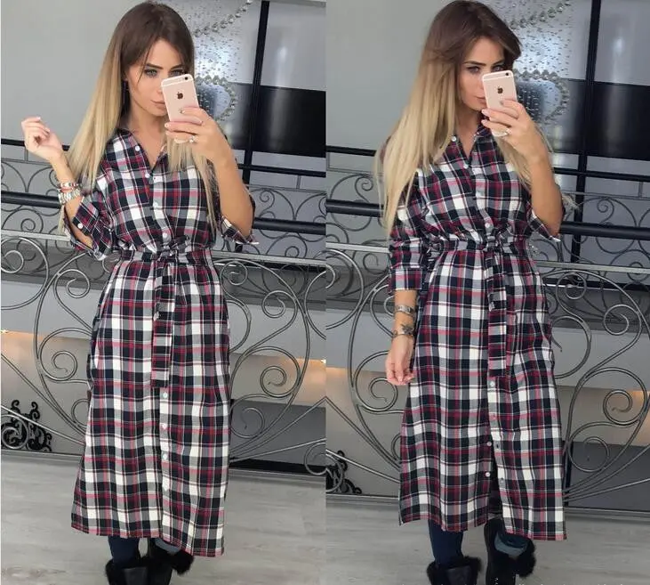 Explosion Women Plaid Dress Casual Turn-Down Collar Long Sleeve Plaid Midi Dress Lady Maxi Long Vestidos Gv438 1