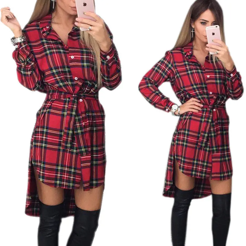 Explosions Asymmetrical Vintage Dresses Fall Women Plaid Print Dress Casual Shirt Dress Mini Vestidos Gv426 1