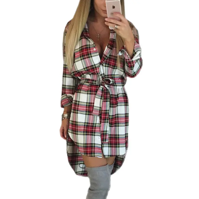 Explosions Asymmetrical Vintage Dresses Fall Women Plaid Print Dress Casual Shirt Dress Mini Vestidos Gv426 2