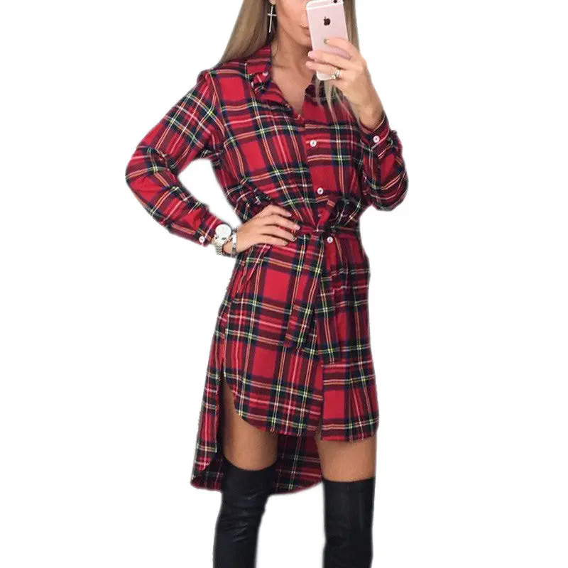 Explosions Asymmetrical Vintage Dresses Fall Women Plaid Print Dress Casual Shirt Dress Mini Vestidos Gv426 4