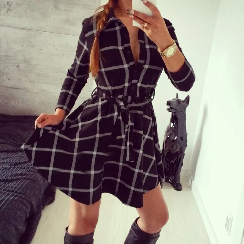Explosions Leisure Vintage Dresses Fall Women Plaid Check Print Casual Shirt Dress Mini 1
