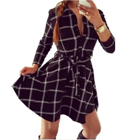 Explosions Leisure Vintage Dresses Fall Women Plaid Check Print Casual Shirt Dress Mini 4