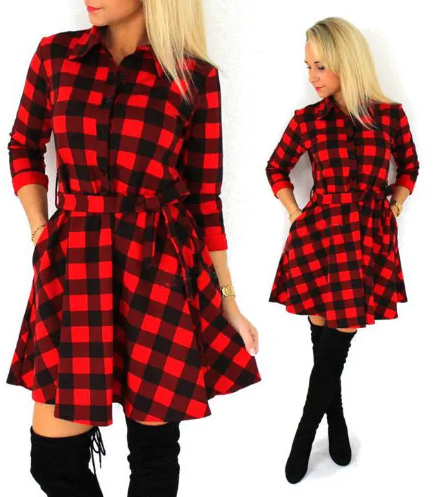 Explosions Leisure Vintage Dresses Fall Women Plaid Check Print Casual Shirt Dress Mini 5