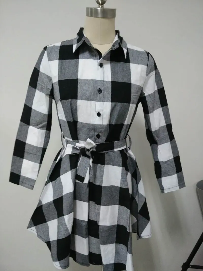Explosions Leisure Vintage Dresses Fall Women Plaid Check Print Casual Shirt Dress Mini 7