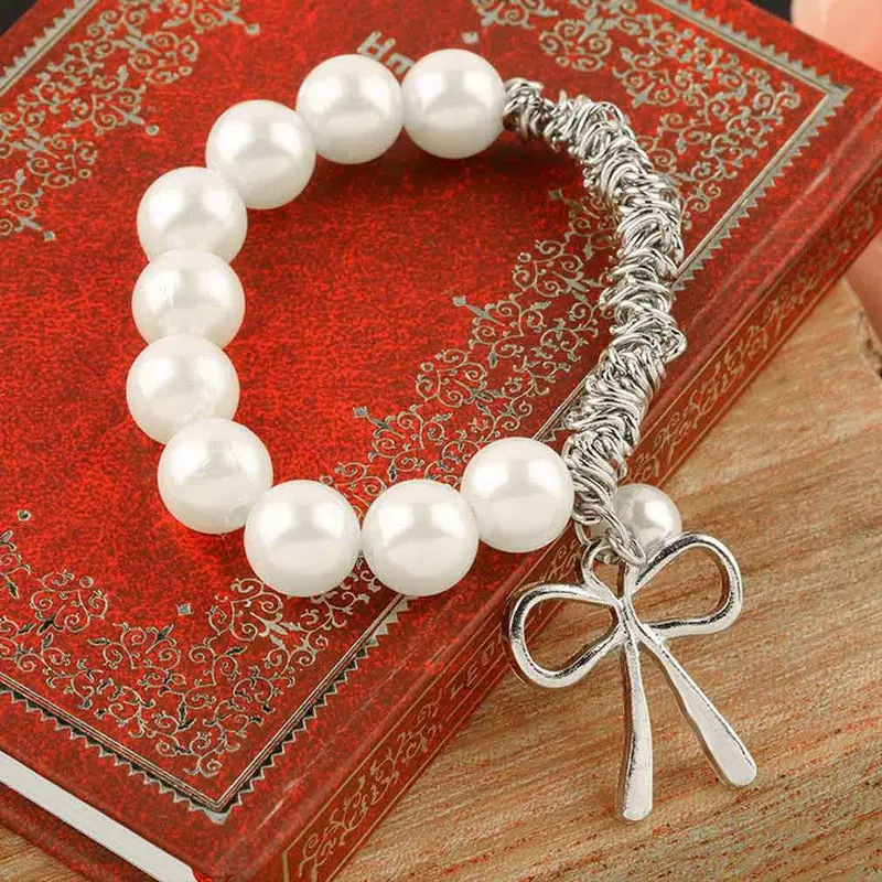 Exquisite Cute Lovely Charm Imitation Imitation Pearl Bowknot Bangle Bracelet Pulseira Feminina 1