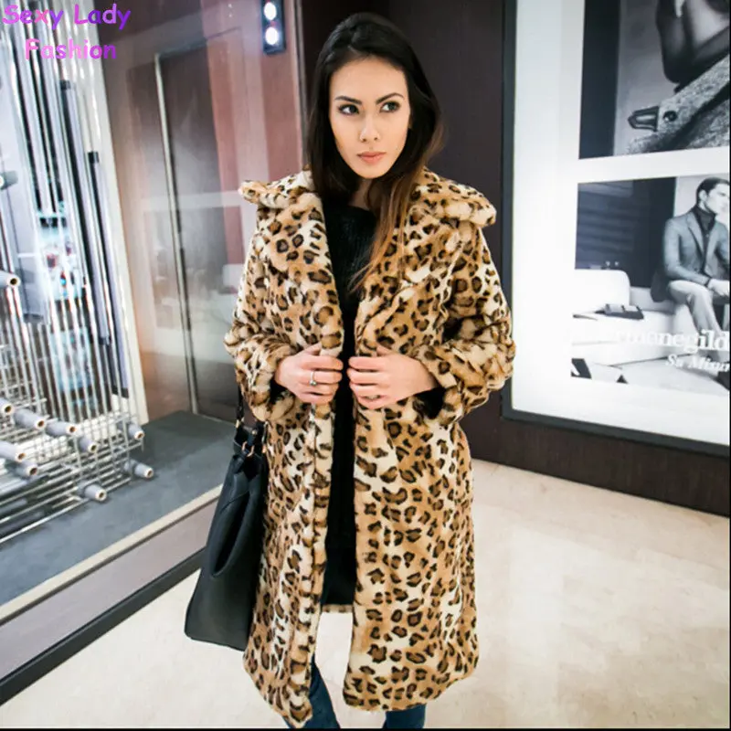 Extra Long Leopard Shaggy Faux Rabbit Fur Coat Lapel Long Sleeve Hairy Furry Faux Fur Jacket Keep Warm Outwear S M L Xl 1