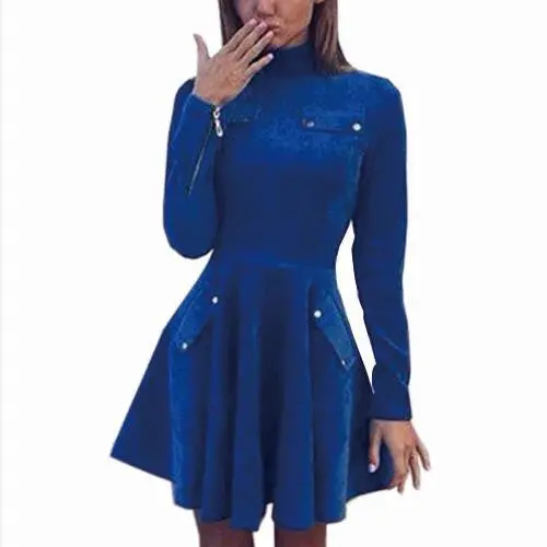 Fa Dress Vestidos Women Empire Sexy Dress Women Long Sleeve Rive Solid Stand Collar Mini Dress X0339 2