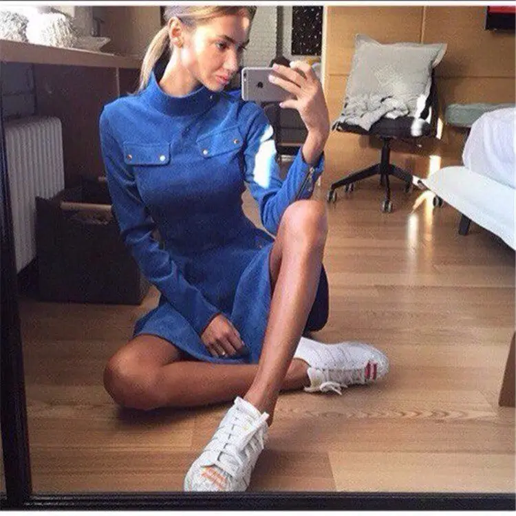 Fa Dress Vestidos Women Empire Sexy Dress Women Long Sleeve Rive Solid Stand Collar Mini Dress X0339 4