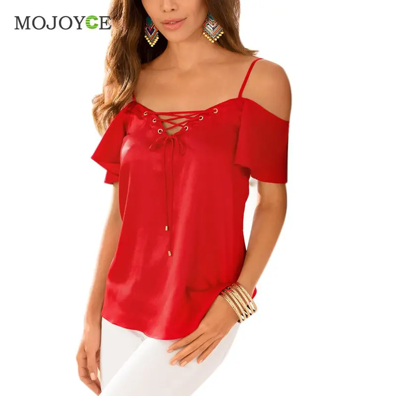 Faashion Pure Colour Women Blouse V-Neck Bust Bandage Off-Shoulder Short Sleeve Tank Tops Cross Strap Crop Top Blusa 1