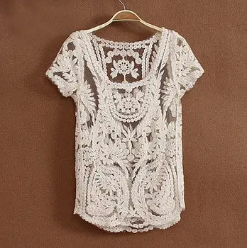 Factory Outlet 8 Colors Lace Blouse Sexy Hollow Crochet Women Blouse Short Sleeve Blusas All-Matched Blusas Femininos 1