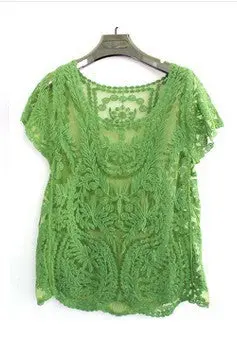 Factory Outlet 8 Colors Lace Blouse Sexy Hollow Crochet Women Blouse Short Sleeve Blusas All-Matched Blusas Femininos 4