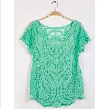 Factory Outlet 8 Colors Lace Blouse Sexy Hollow Crochet Women Blouse Short Sleeve Blusas All-Matched Blusas Femininos 5