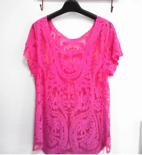Factory Outlet 8 Colors Lace Blouse Sexy Hollow Crochet Women Blouse Short Sleeve Blusas All-Matched Blusas Femininos 6