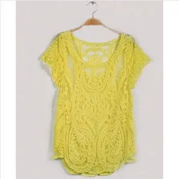 Factory Outlet 8 Colors Lace Blouse Sexy Hollow Crochet Women Blouse Short Sleeve Blusas All-Matched Blusas Femininos 8