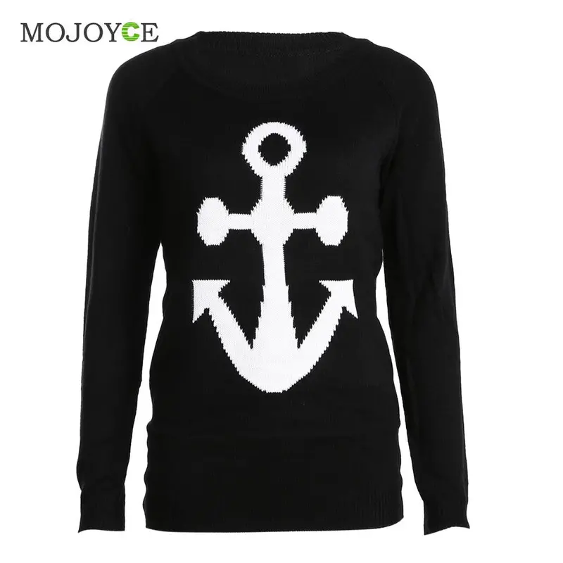 Fahion Long Sleeve Sweatershirt Women Anchor Print Blends Knitted Pullover Casual Black Warm Hoodie Women Tops 1