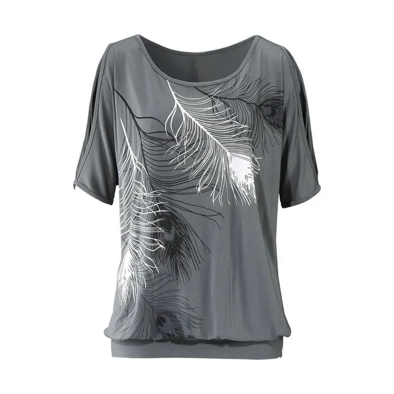 Fahion Off Shoulder Tops Feather Print Off The Shoulder Tops For Women Hollow Loose Short Sleeve Shirt O-Neck Tees Blusa S-Xl 1