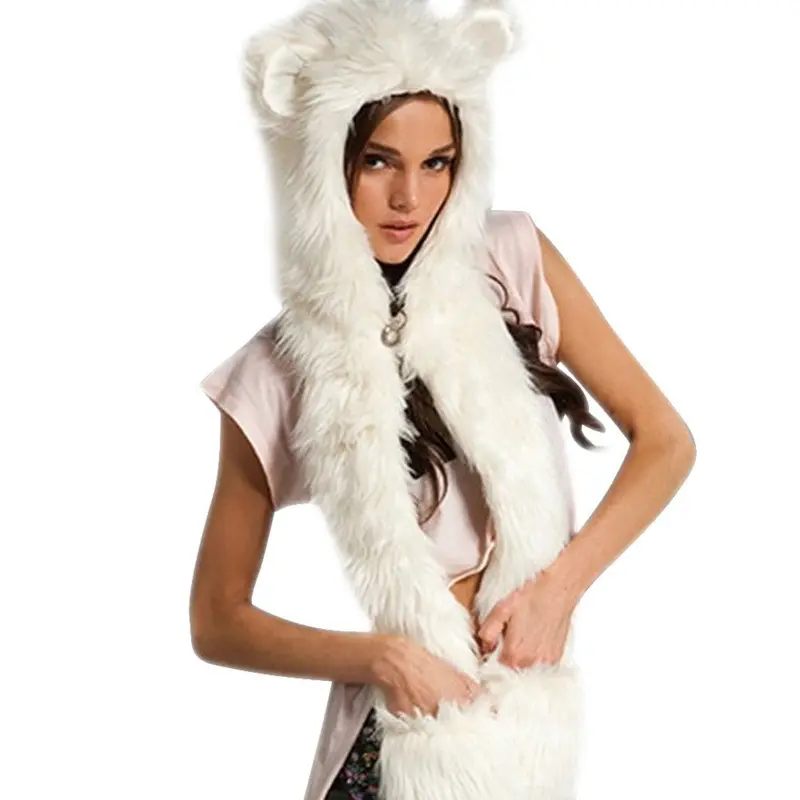Fahsion Warm Animal Fur Hat Scarf Fluffy Plush Cap Ear Hood Shawl Glove Unisex 1