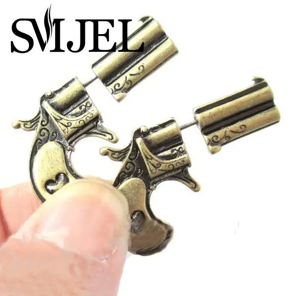 Fake Double Pistol Gun Shaped Faux Plug Stud Earrings S90 1
