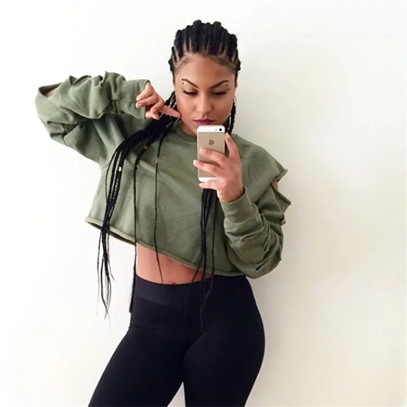 Fall Cut Out Cropped Sweatshirt Women Hoodies O Neck Sleeve Cut Tracksuit Tops Army Green Sport Jogging Femme 4