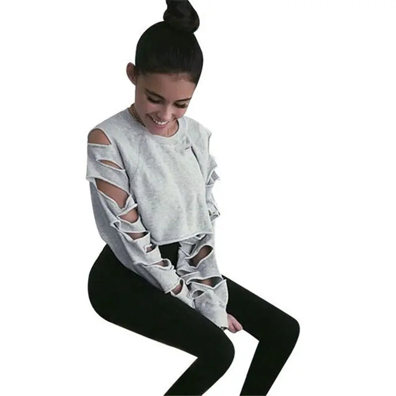 Fall Cut Out Cropped Sweatshirt Women Hoodies O Neck Sleeve Cut Tracksuit Tops Army Green Sport Jogging Femme 5